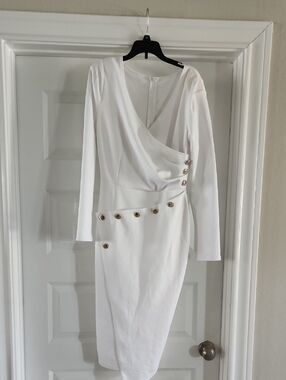 White Long-Sleeve Wrap Midi Dress with Gold Button Detail